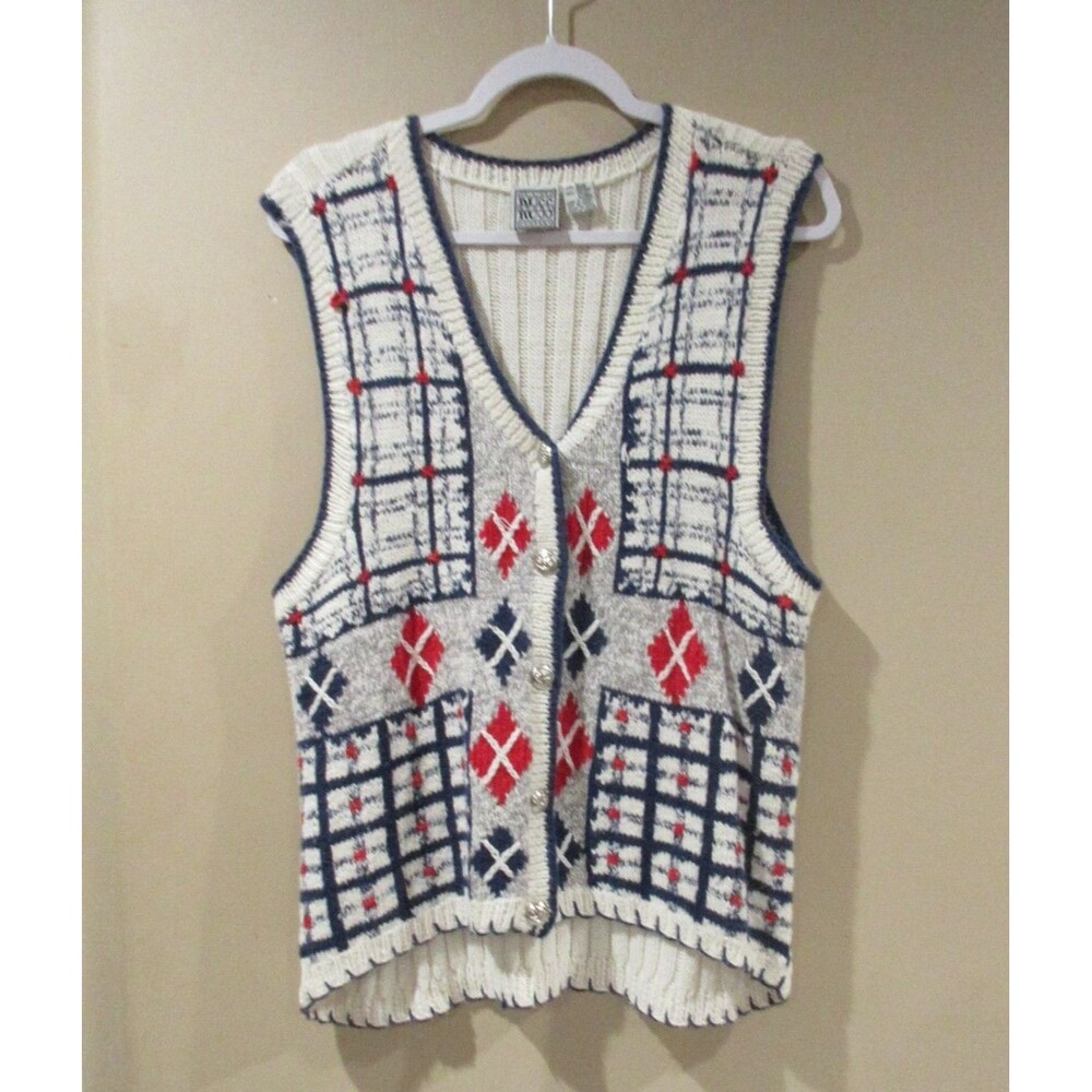 Vtg. 90's Original Russ Sport Company Cardigan Sweater Vest Women Lg Ivory